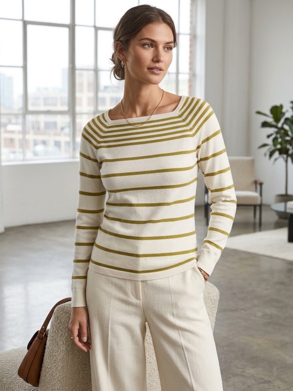 NWT REISS Women Striped Square Neck Knit Top Long Sleeve Olive Cream Sweater
